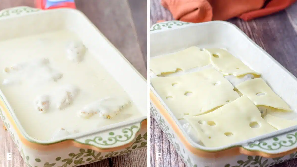 Sauce poured on the chicken in the baking dish and then swiss cheese laid on top of the chicken