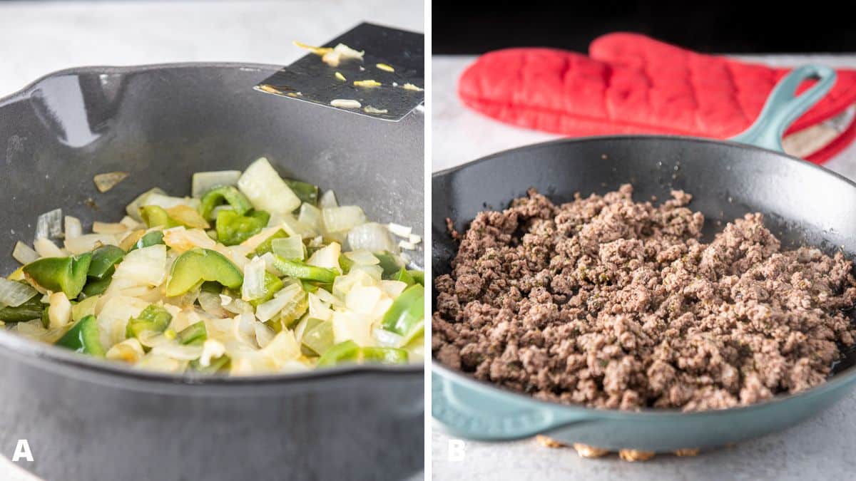 Vegetables and meat cooked in their separate pans