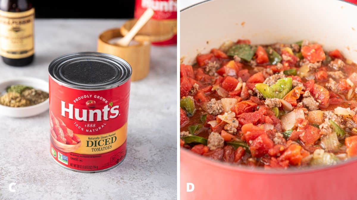 Tomatoes, herbs and spices on the left and then added to the pan of ground beef and veggies in the red pan on the right