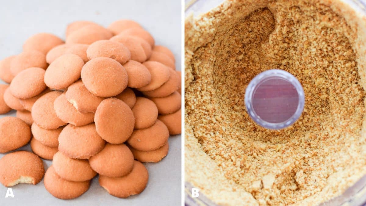 Nilla wafers on a table and then crumbed in the processor