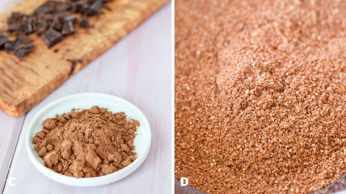 Left - cocao powder and chopped chocolate. Right - the chocolate and nilla crumbs mixed together