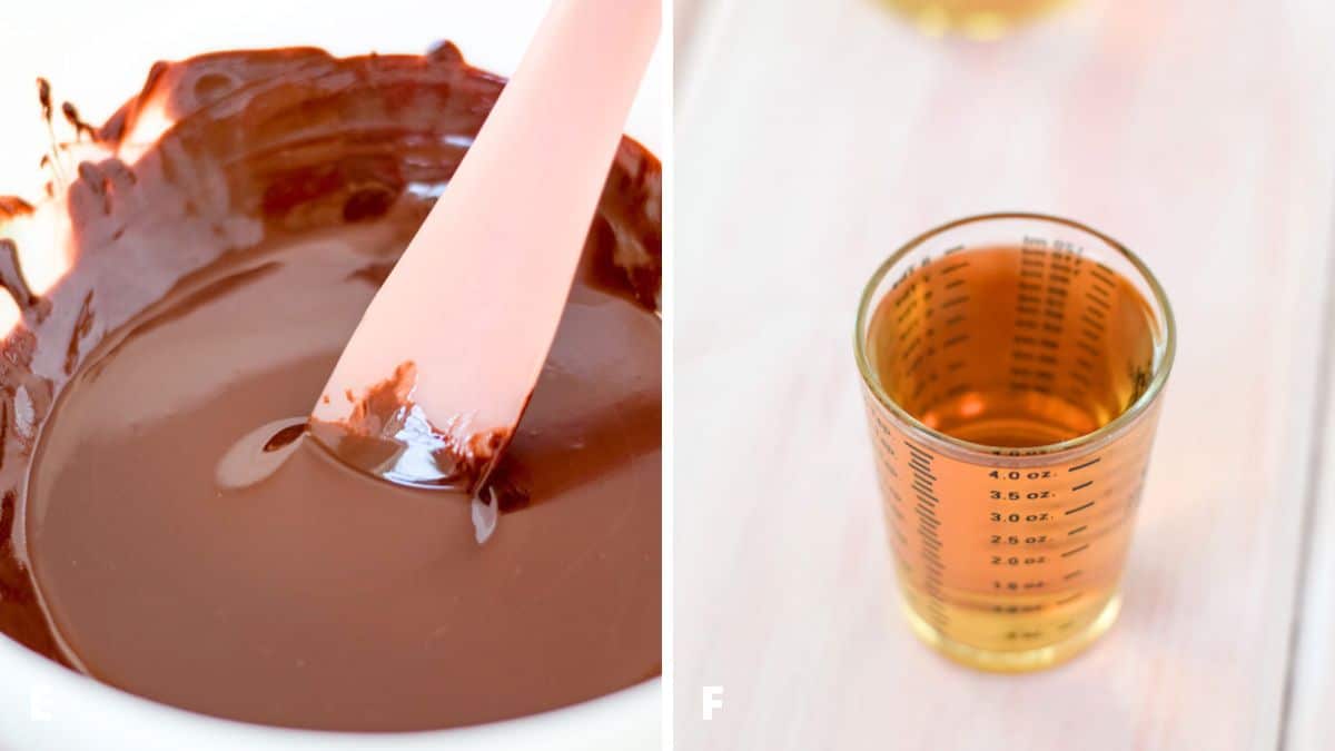 Melted chocolate in a bowl and rum measured out