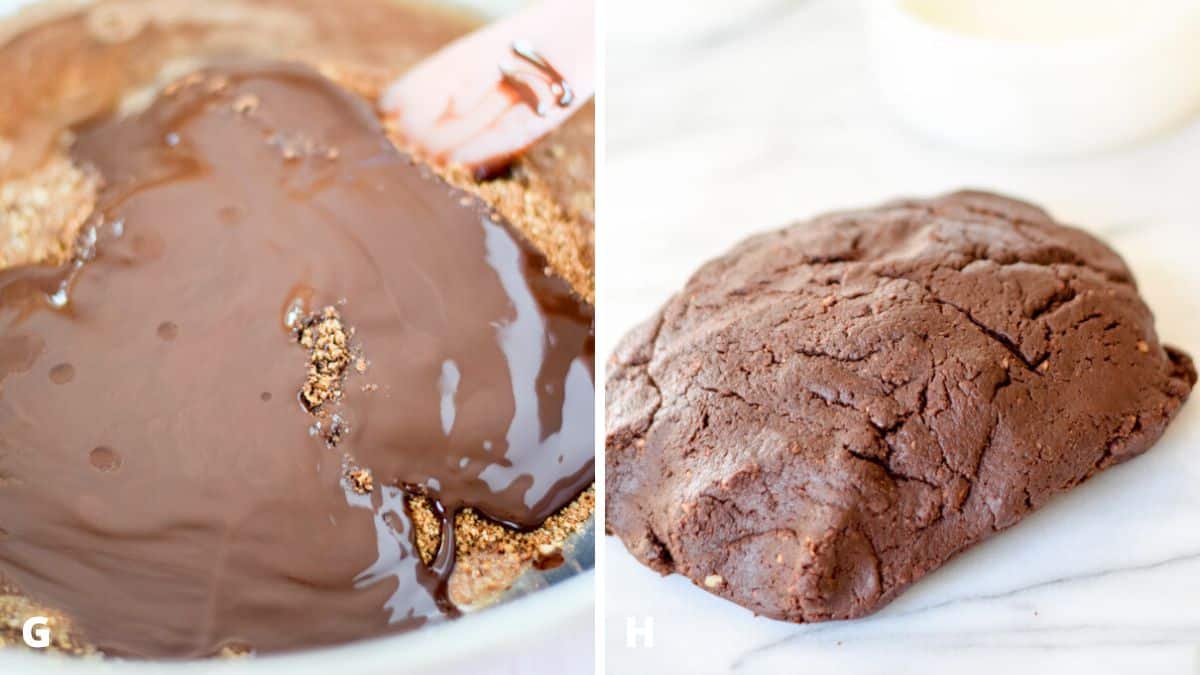 Left - Chocolate and rum poured on the nilla mixture. Right - the dough mixed together