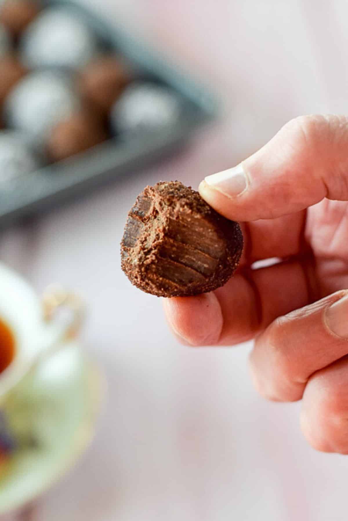 A hand holding a rum ball wth a bite taken out of it