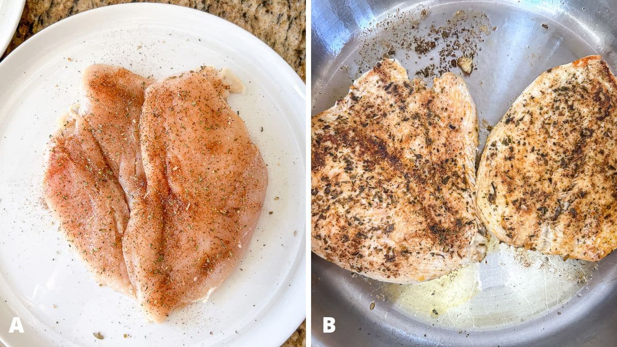 Left - a white plate with seasoned chicken breasts. Right - them in the pan frying up