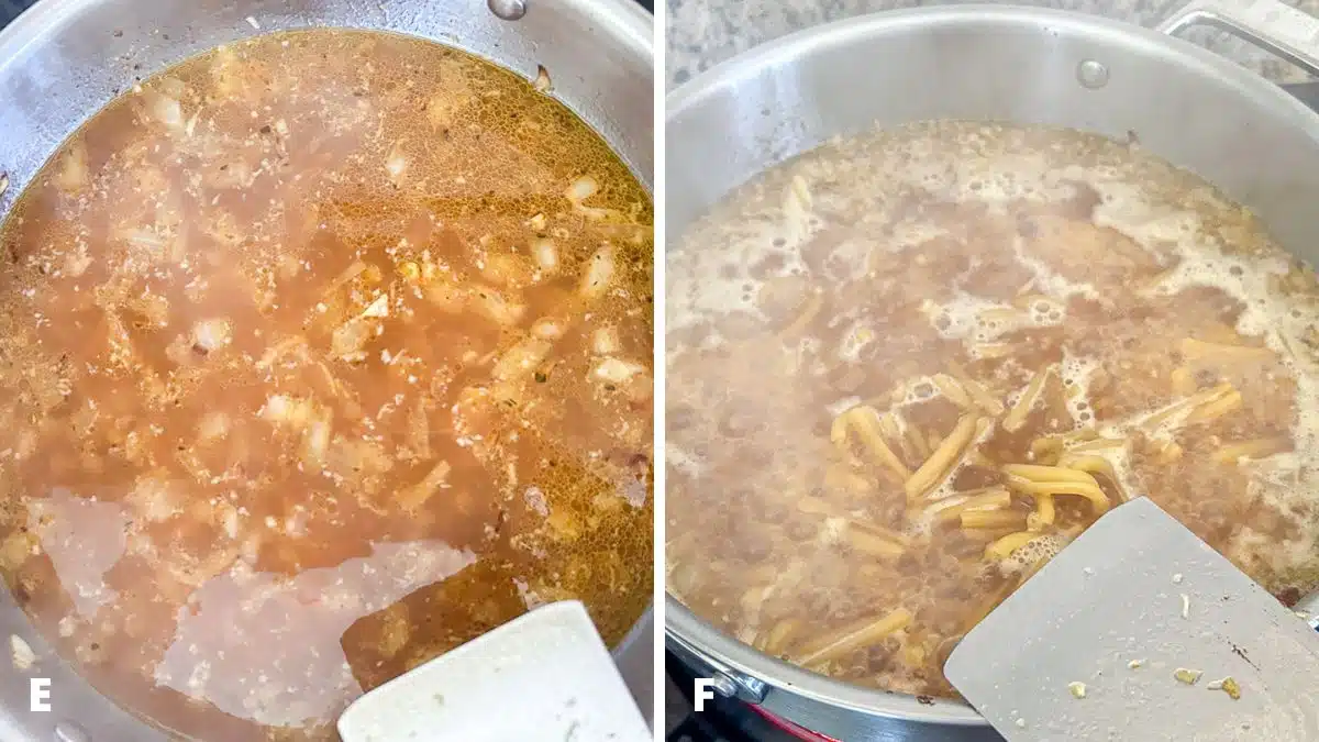 Left - liquids added to the onion and garlic. Right - pasta added to the liquid in the pan