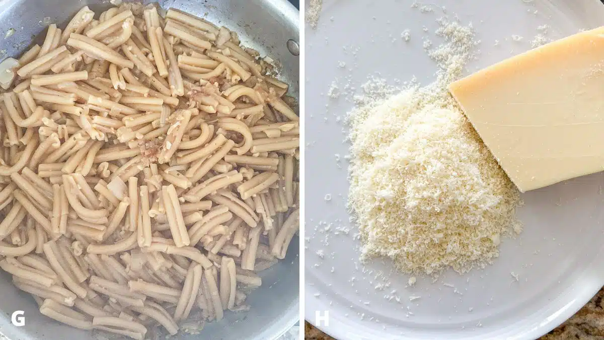 Left - Pasta done in the pan. Right - parmesan cheese grated fine on a white plate