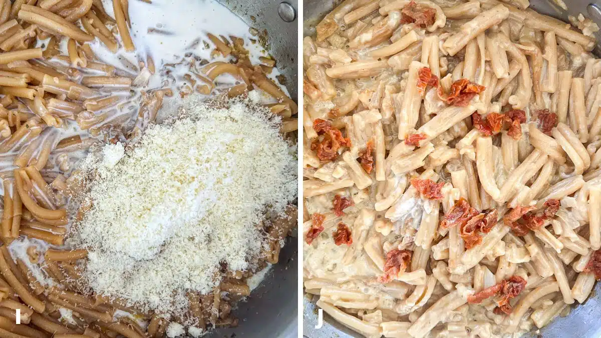 Left - parmesan and cream added to the pasta. Right - the pasta mixed and sun-dried tomatoes on top