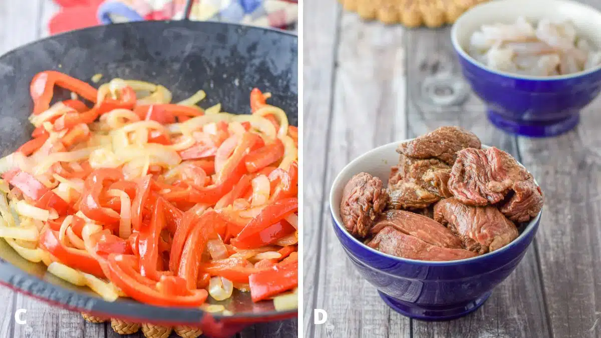 Left - a wok with sauteed onion and peppers. Right - a bowl of marinated steak and another with shrimp