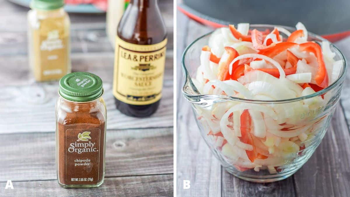 Chipotle powder, cumin, Worcestershire sauce and garlic powder for the marinade in one photo and sliced onions, peppers and a wok in the other one