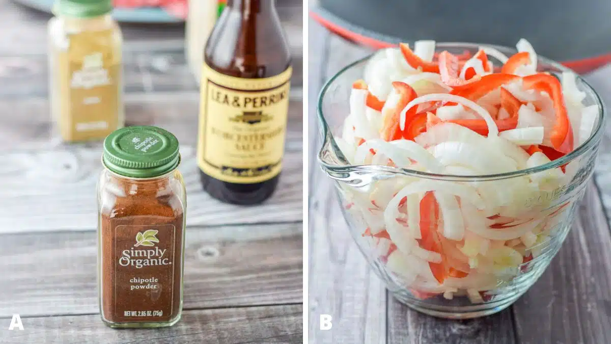 Chipotle powder, cumin, Worcestershire sauce and garlic powder for the marinade in one photo and sliced onions, peppers and a wok in the other one