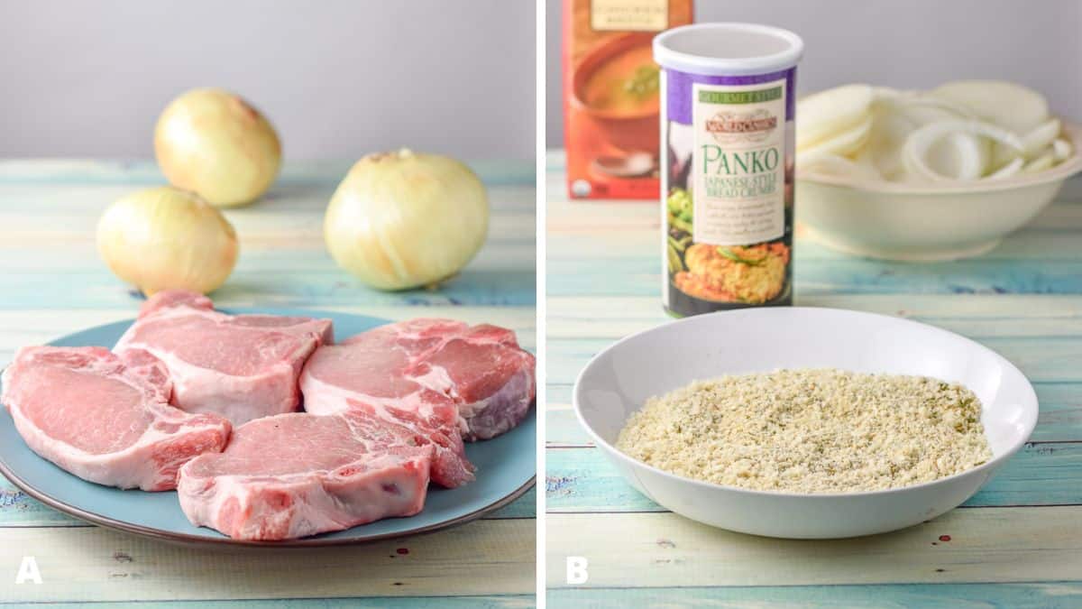 Left - raw pork chops on a blue plate with three onions. Right - breadcrumbs in a deep dish, with the container in back with chicken broth, and sliced onions