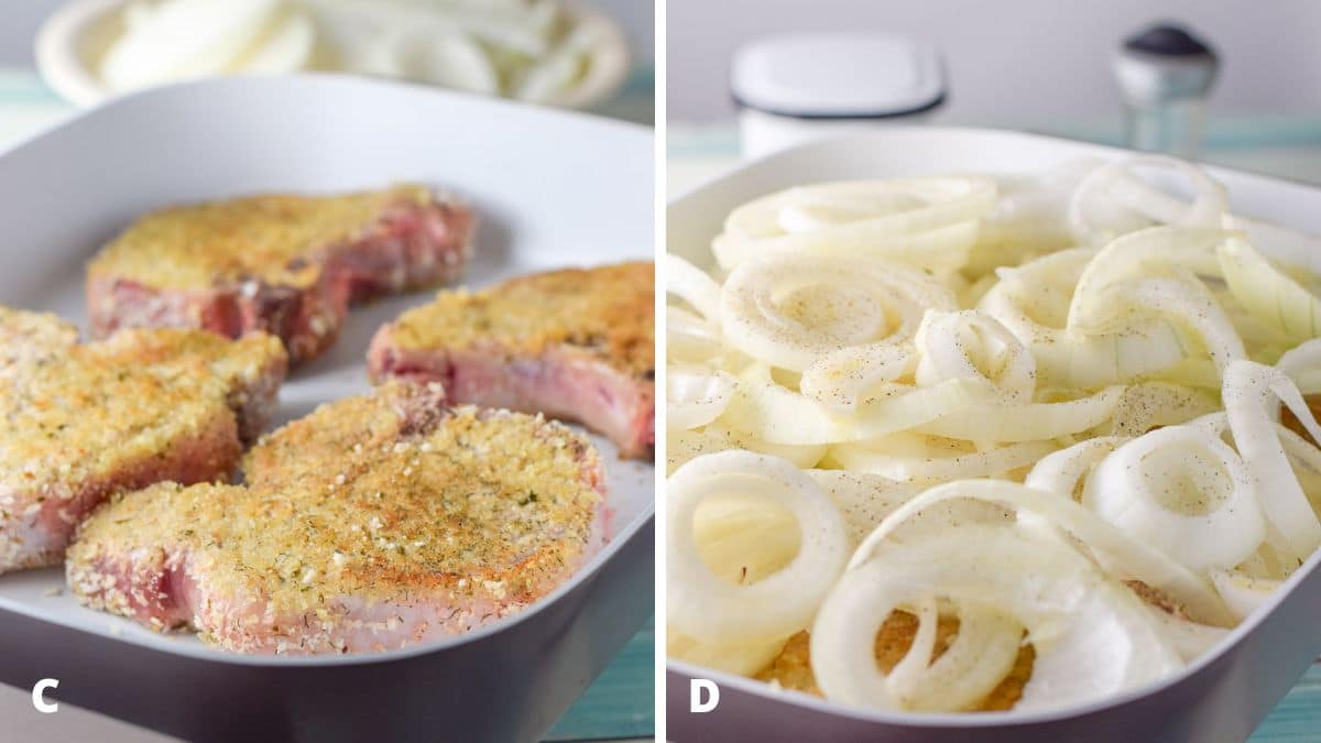 Pork chops sauteed in the pan with onions on top with salt and pepper