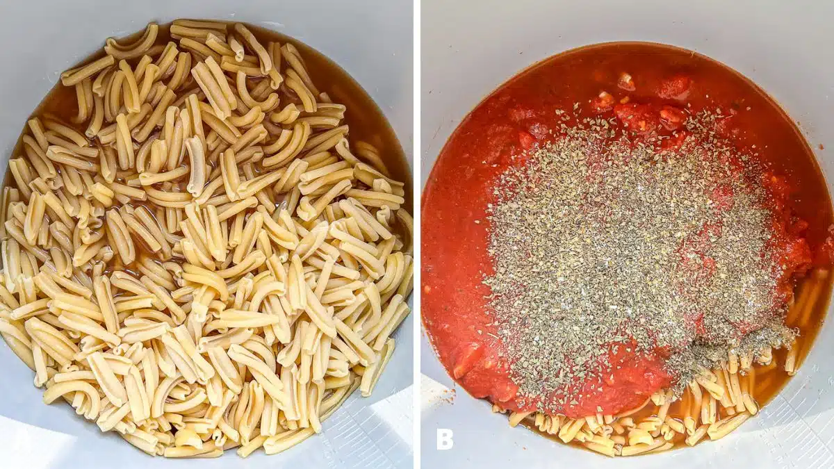 Left - pasta and beef broth in the pressure cooker container. Right - sauce, herbs and spices, added on the pasta