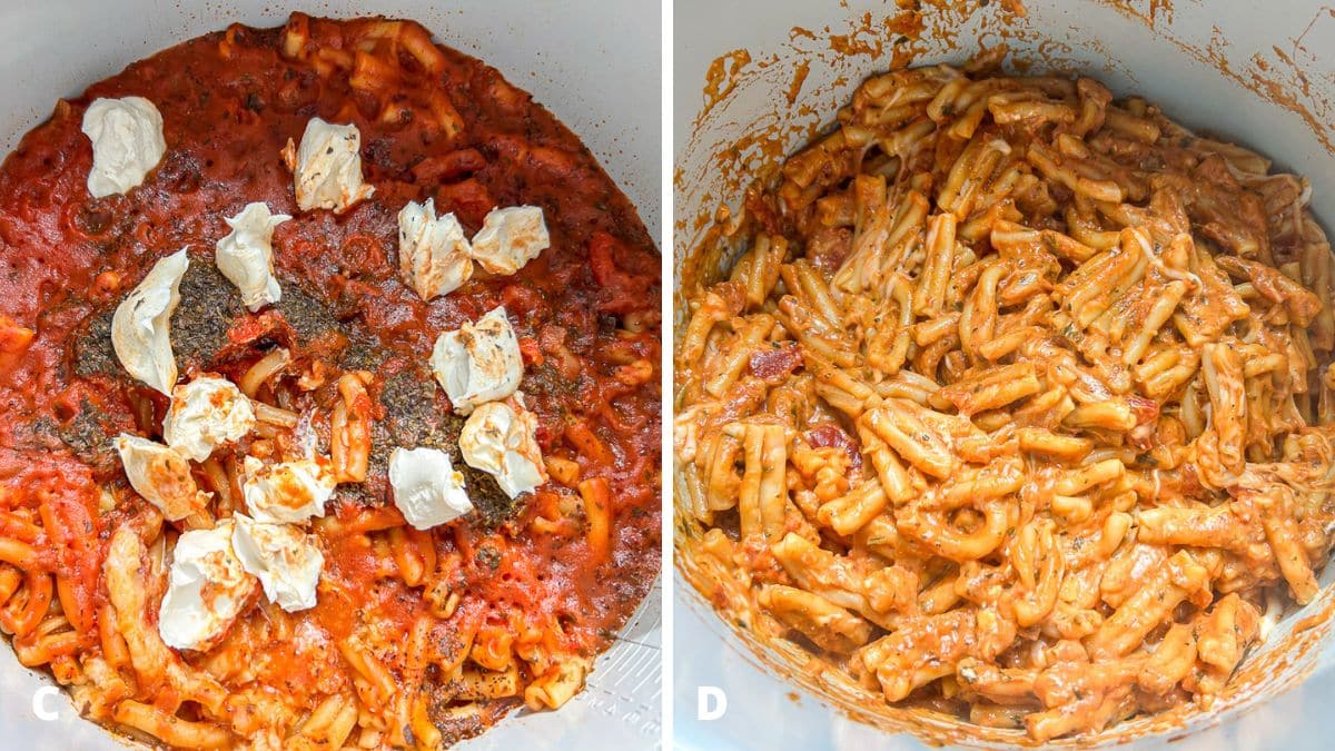 Left - pieces of cream cheese added on the cooked pasta. Right - the pasta, and cheese mixed together