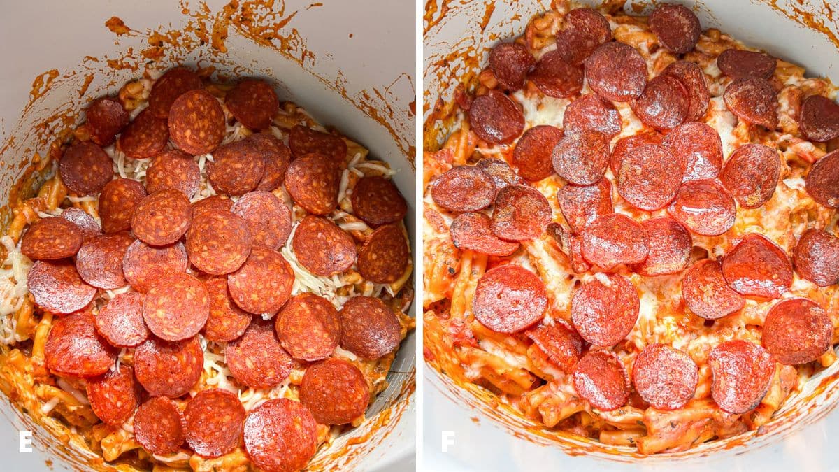 Left - mozzarella and pepperoni added to the container. Right - the pepperoni crisped up and ready to serve