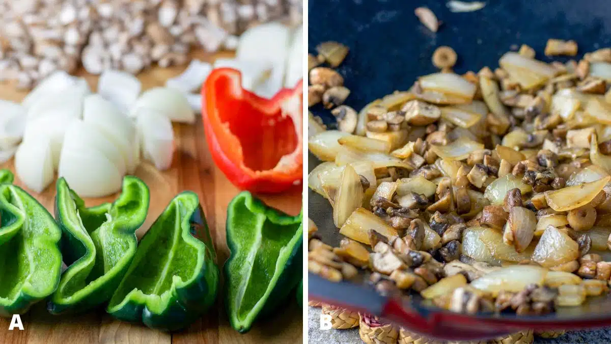 Left - cut peppers, onions, and mushrooms. Right - Onions and mushrooms cooked on top with chicken and tomatoes on the bottom