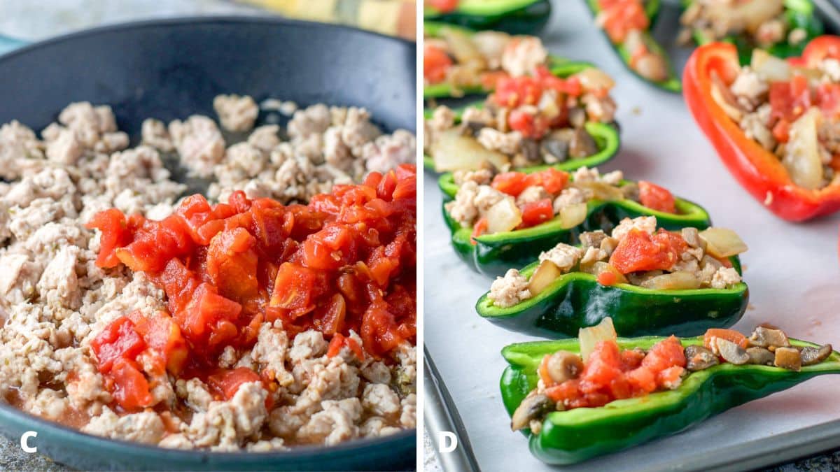 Left - a pan with cooked ground chicken and diced tomatoes on top. Right - raw peppers stuffed with the chicken mixture