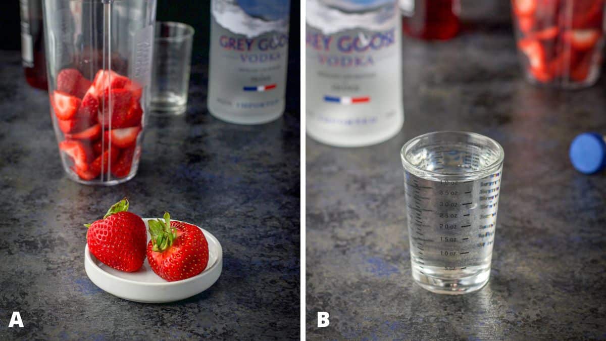 Left - strawberries on a little plate with cut up berries in the blender. Right - vodka measured out with the bottle in the back