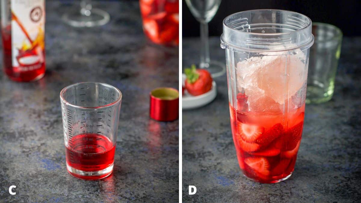 Left - grenadine measured out. Right - the blender with the frose ice, vodka, grenadine and berries