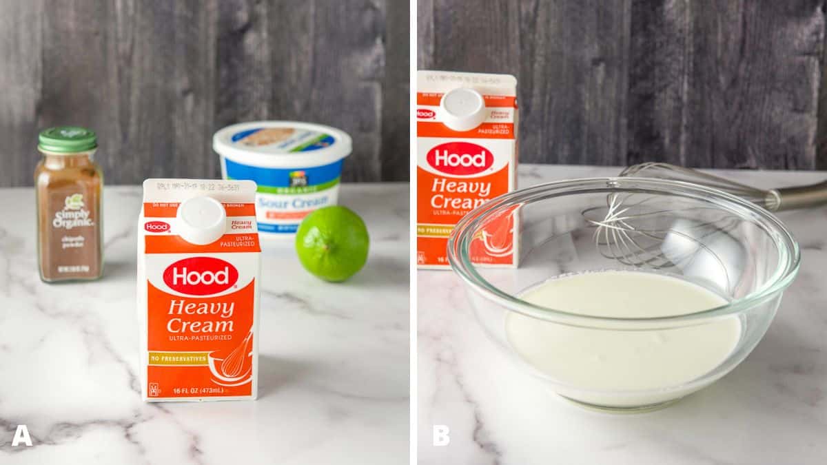 Left - Cream, lime, sour cream, and chipotle powder on a table. Right - Cream poured into the bowl