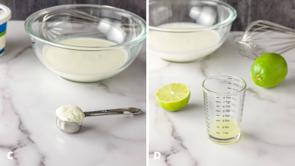 Left - Sour cream measured out in front of the bowl. Right - lime measured out, with limes, a whisk and the bowl