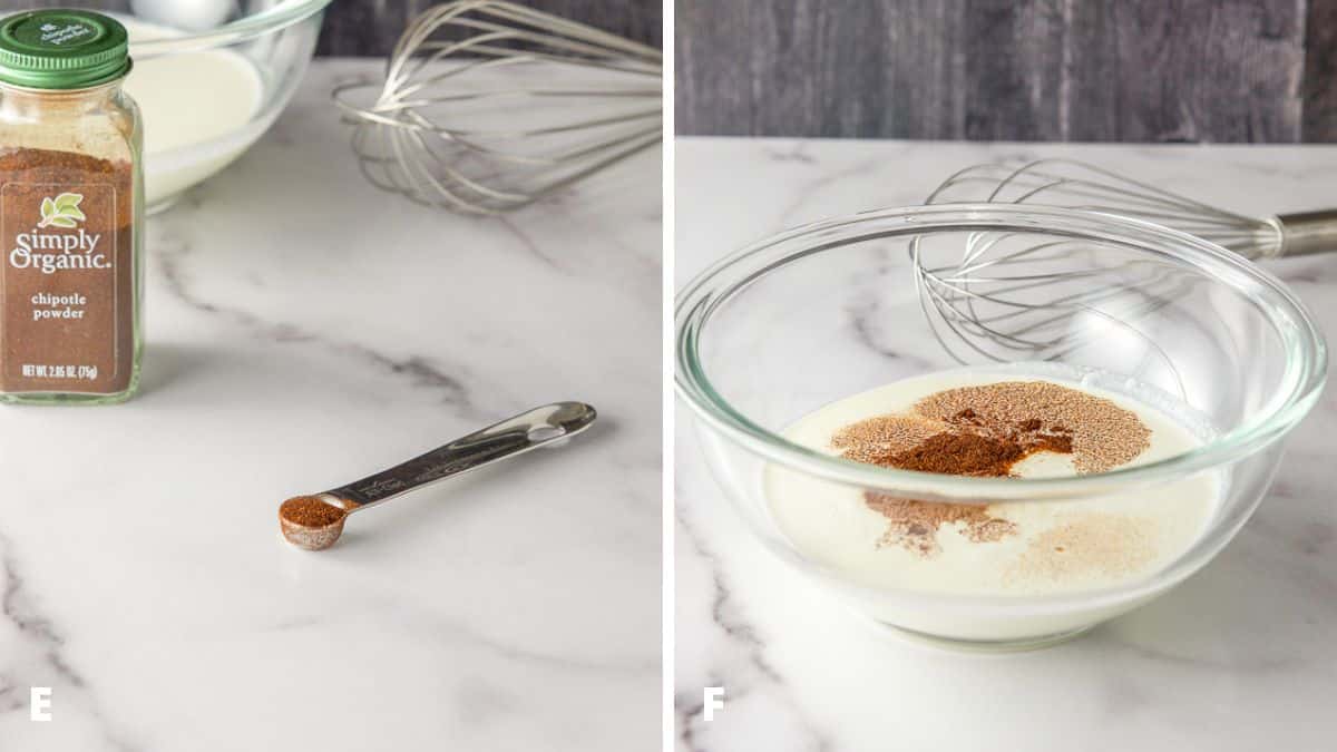 Left - Chipotle measured out with the jar and bowl. Right - all the spices in the bowl of cream