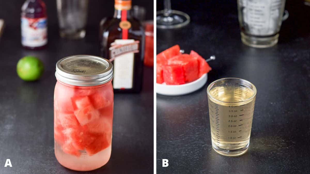 Left - watermelon vodka, cointreau, simple syrup, cranberry juice, and lime on a table. Right - watermelon vodka measured out with chunks of watermelon in a white small plate