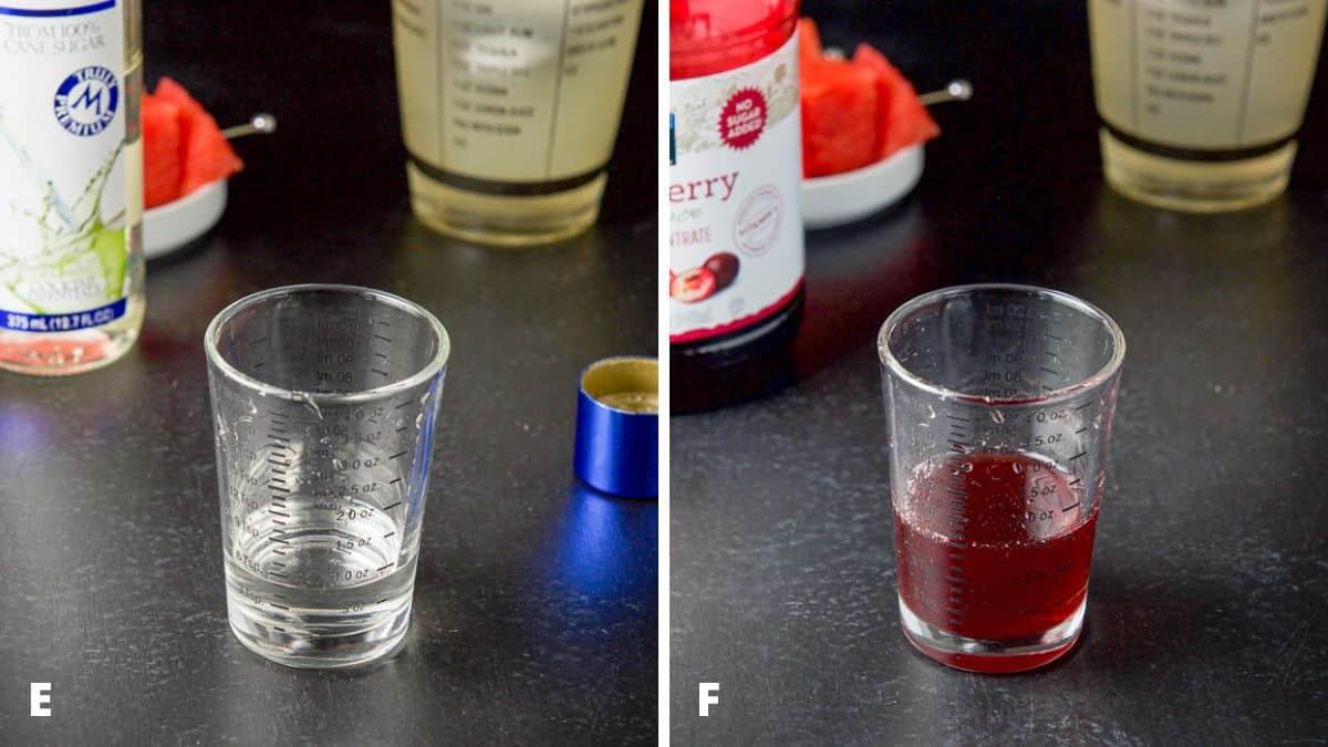 Simple syrup and cranberry juice measured out