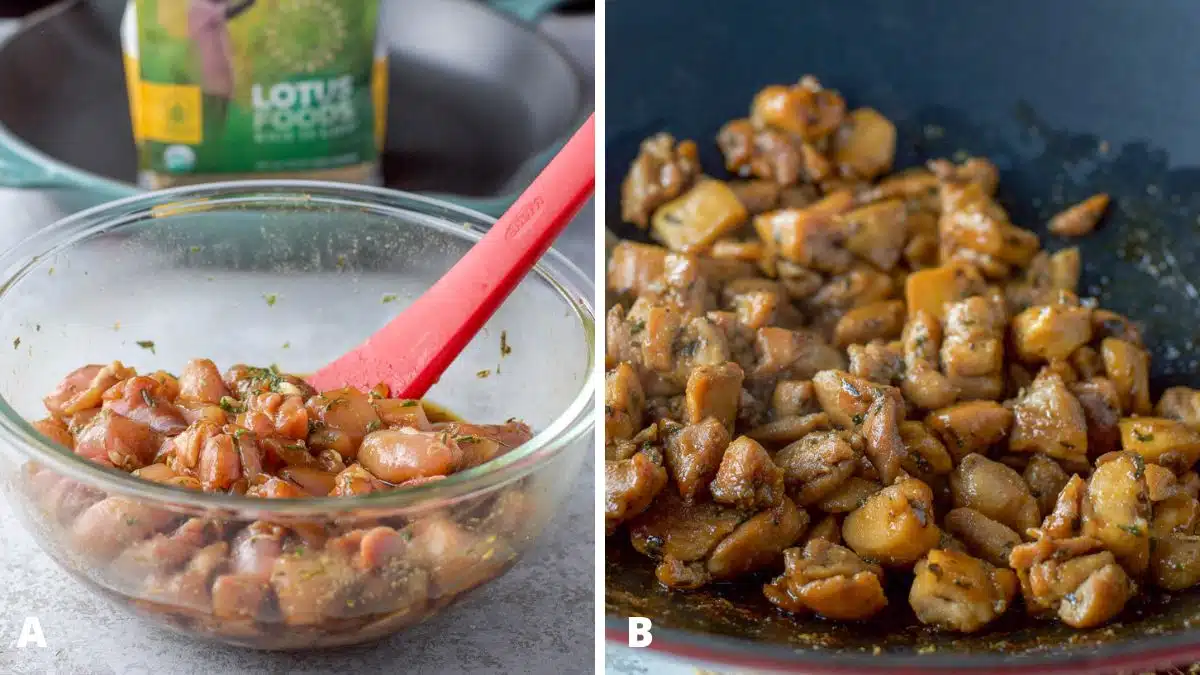 Left - raw marinated chicken in a glass bowl. Right - chicken cooked in a wok