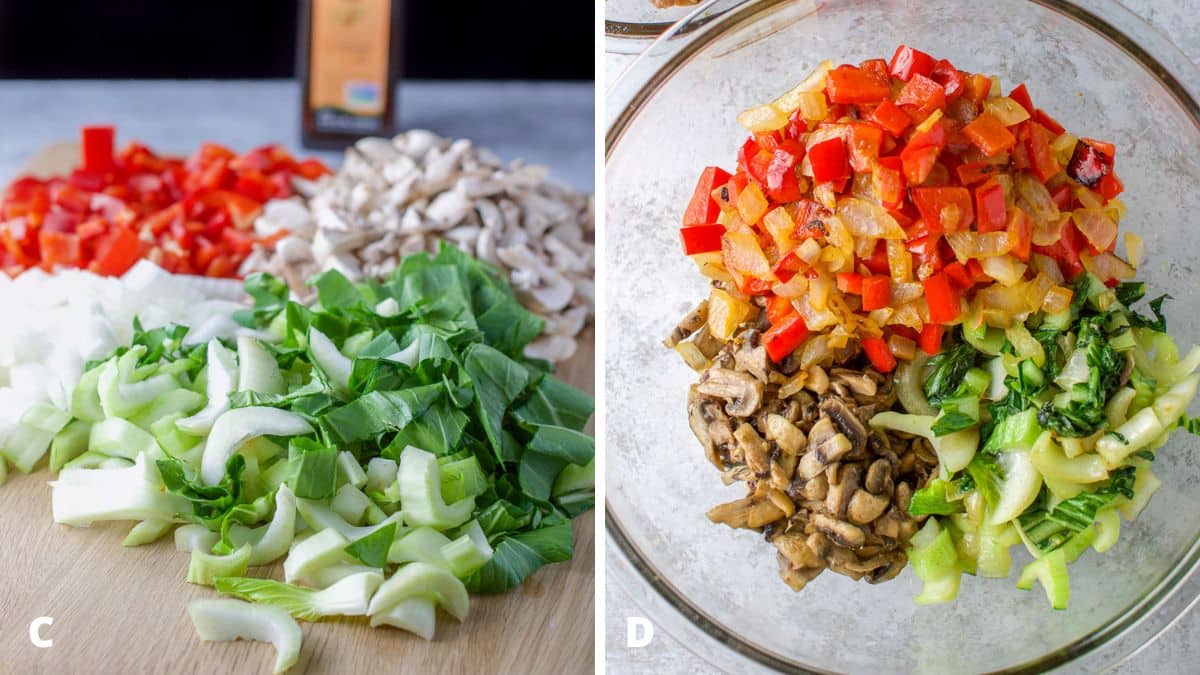 left - chopped bok choy, onion, red pepper, and mushrooms. Right - cooked veggies in a glass bowl