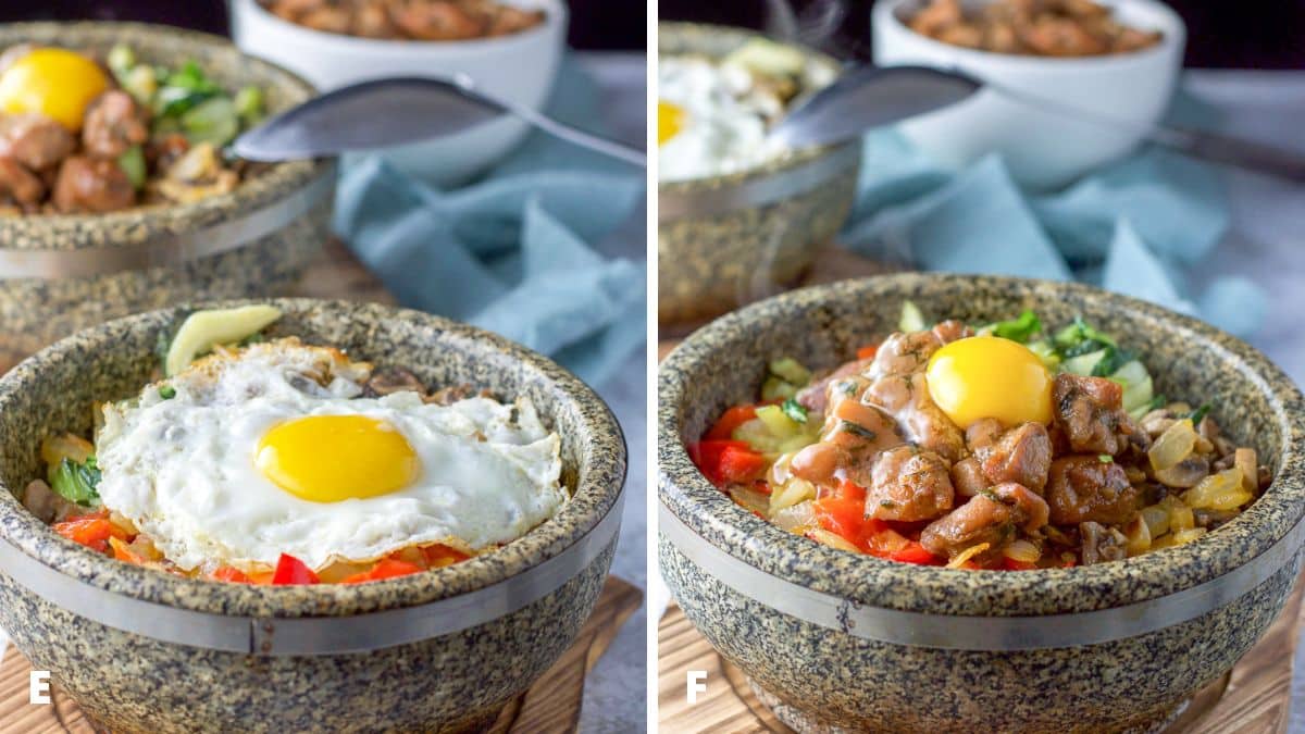 Left - A fried egg on the rice dish. Right - a raw egg on the rice dish ready to be mixed in to cook
