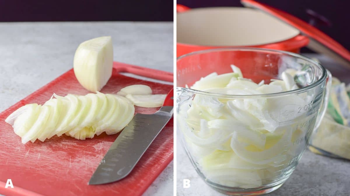 The sliced onions on a red board and then placed in a glass bowl