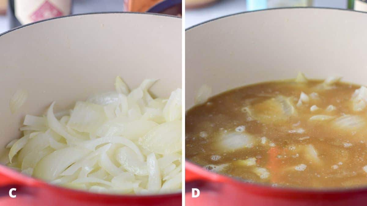 Onions sautéed and then broth added to the pan for the soup