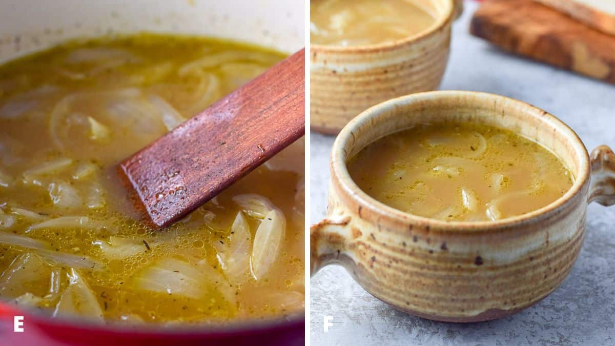 On the left - the soup in a Dutch oven and on the right - the soup is in two crocks
