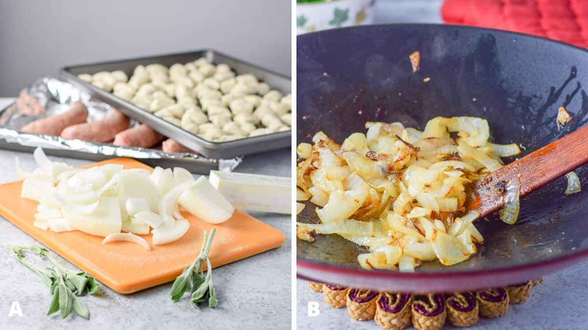 Left - Sliced onion, butter, sage, sausages and gnocchi on a table. Right - Onion saut&eacute;ed in a wok with a red oven mitt