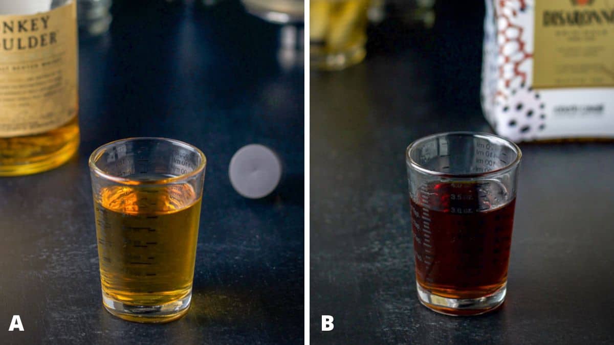 Scotch and amaretto measured out