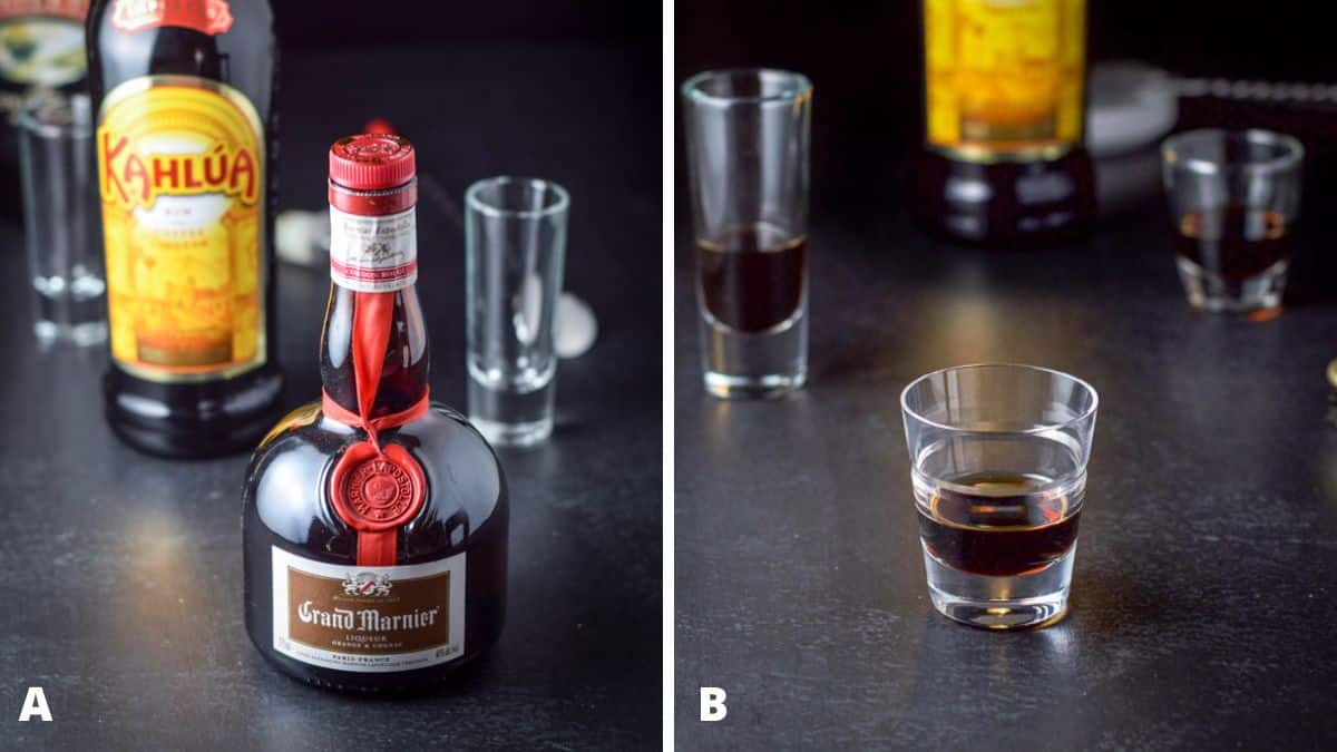 Left - Grand Marnier, Kahlua, and Bailey's Irish cream. Right - Kahlua poured out