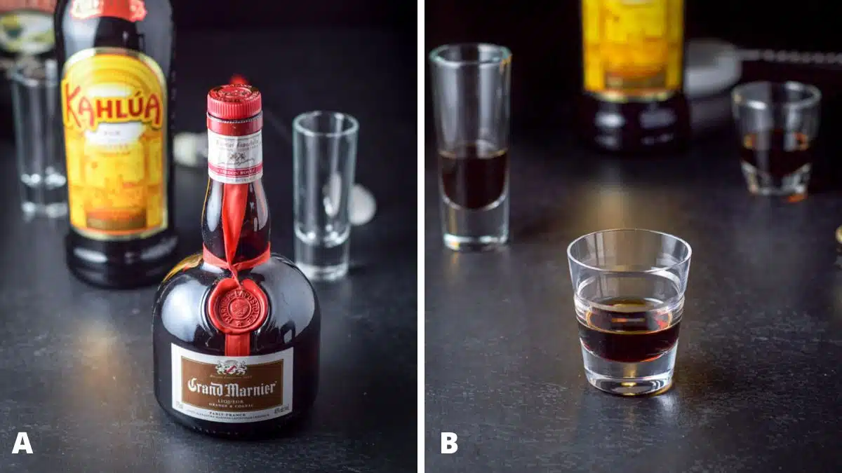 Left - Grand Marnier, Kahlua, and Bailey's Irish cream. Right - Kahlua poured out