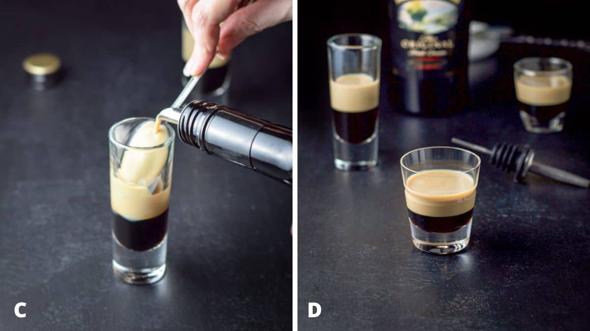 Left - showing how to layer an alcohol shot. Right - the end result of the layered Kahlua and Baileys