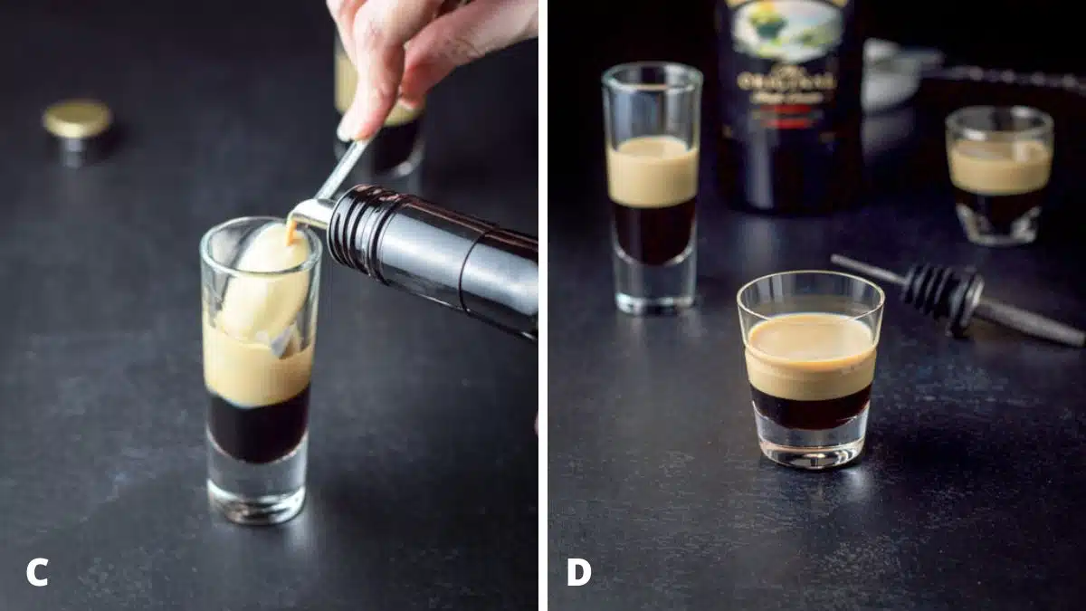 Left - showing how to layer an alcohol shot. Right - the end result of the layered Kahlua and Baileys