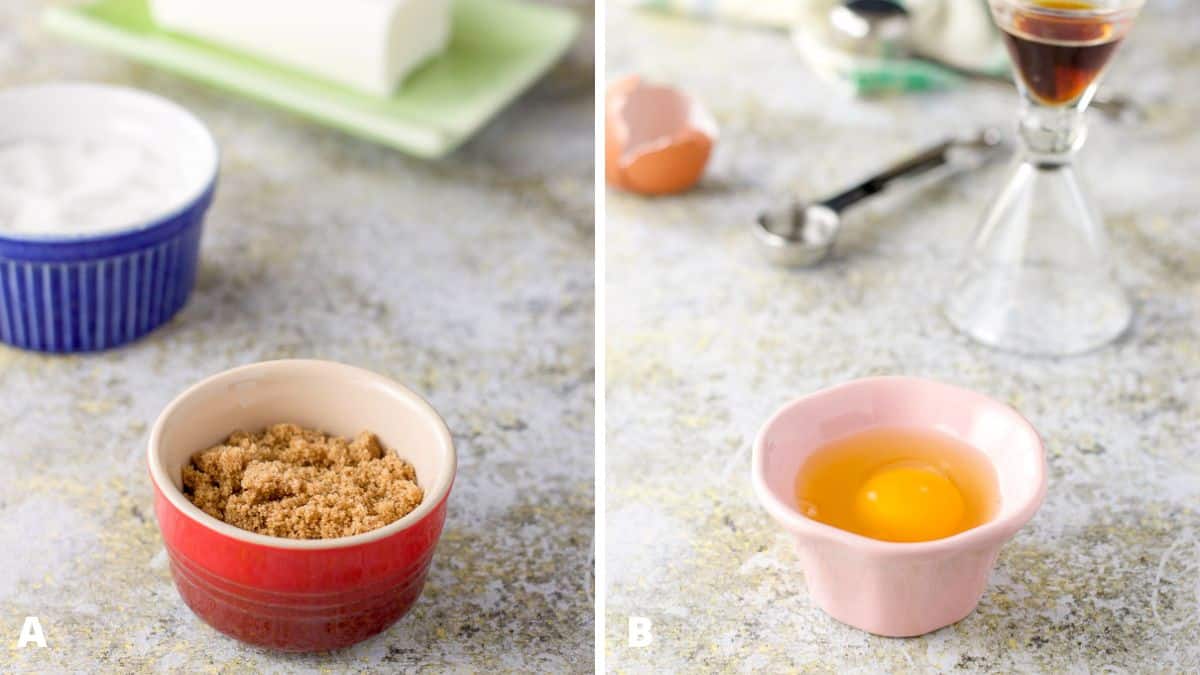 Left - white and brown sugar, and vegetable shortening. Right - an egg, vanilla, and molasses