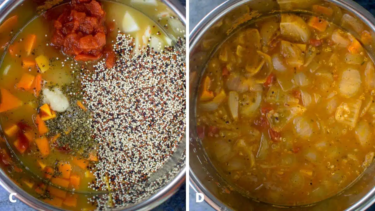 All of the ingredients including the diced tomatoes and quinoa in the insert on the left and the stew done in the instant pot on the right