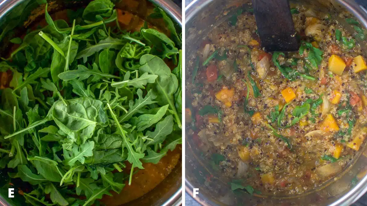 Spinach and arugula added to the stew on the left and it stirred in the stew on the right