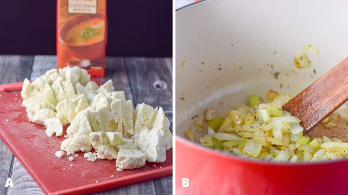 Left - cut up cauliflower on a red board with broth in the back. Right - cooked onion in a Dutch oven