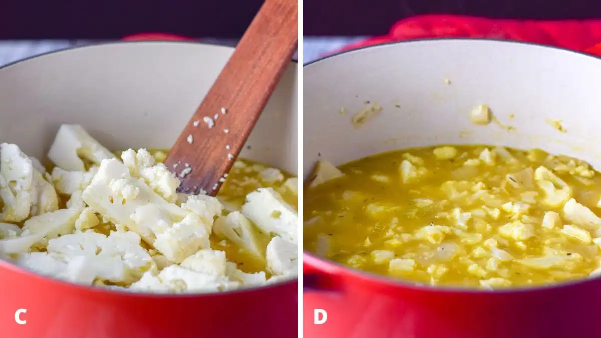 Left - a pan with cut cauliflower in the broth. Right - the cauliflower cooked in the pan