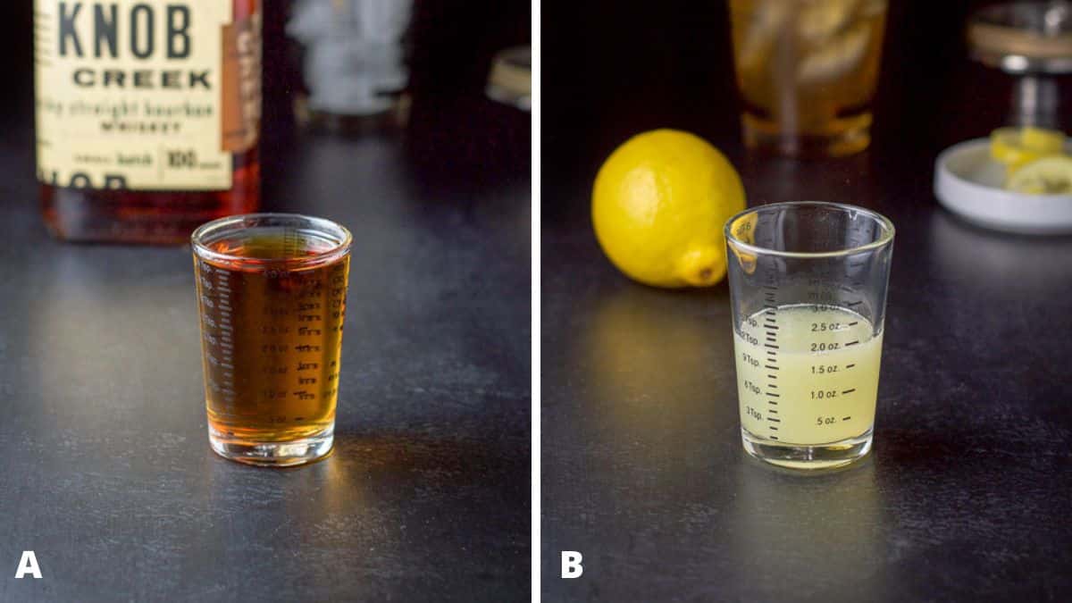 Bourbon and lemon measured out in two glasses