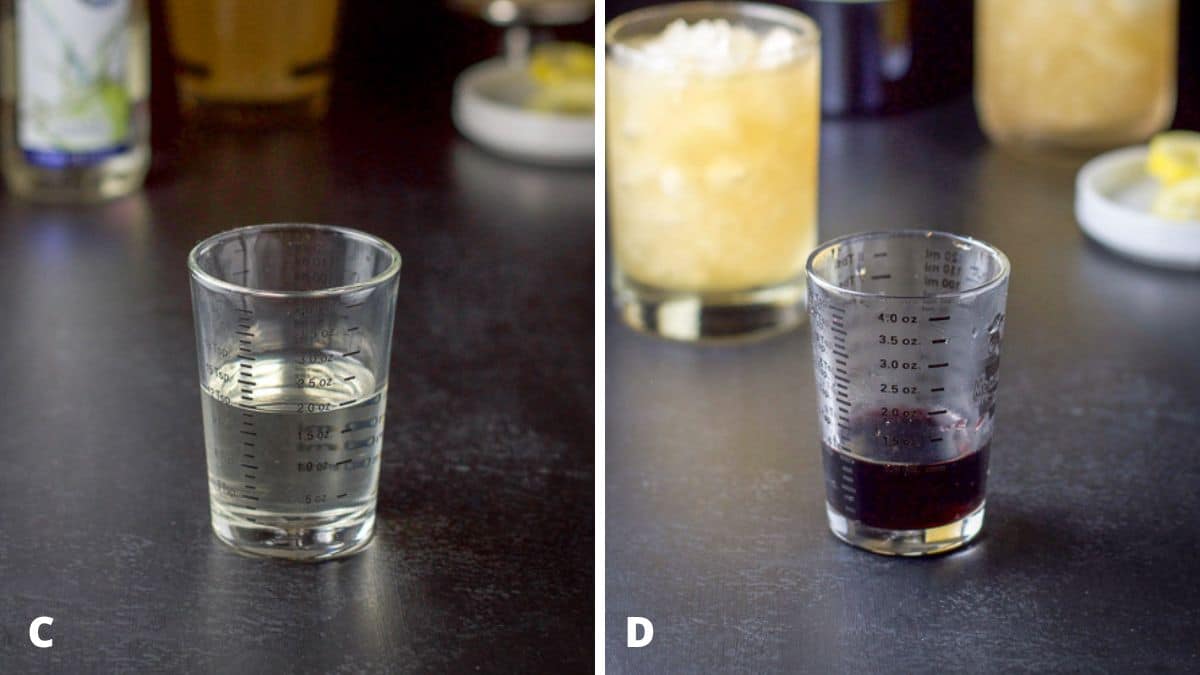 Simple syrup and wine measured out in two glasses