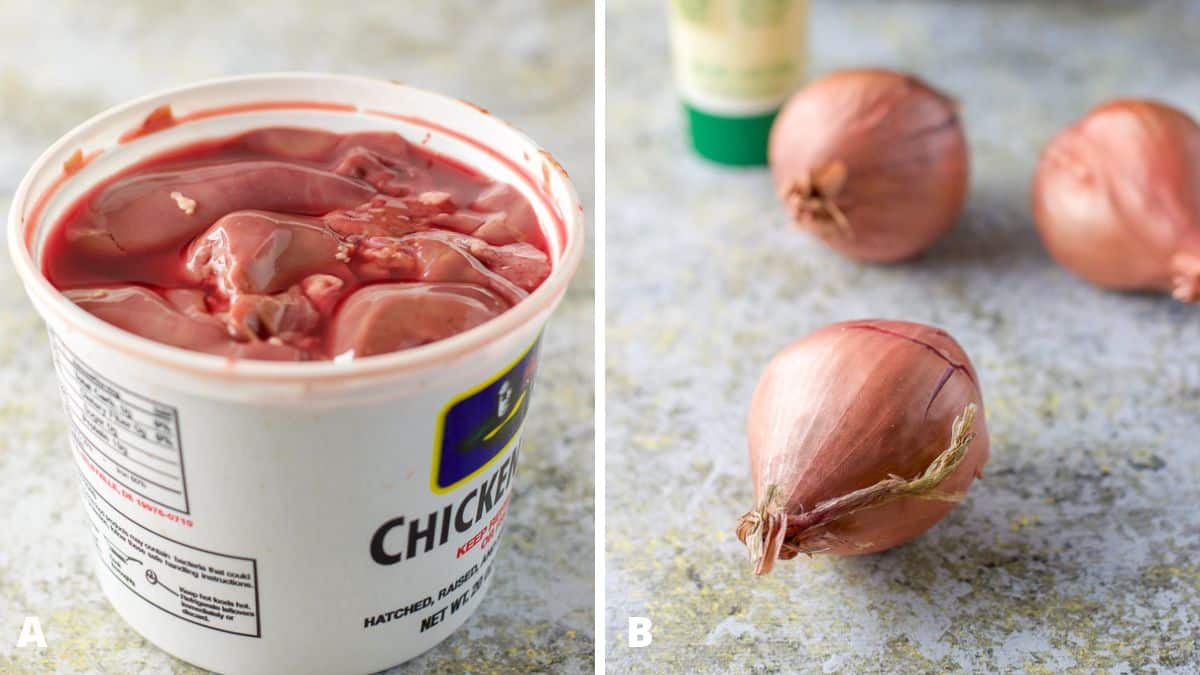 Left - a tub of raw chicken livers. Right - shallots and garlic paste on a table