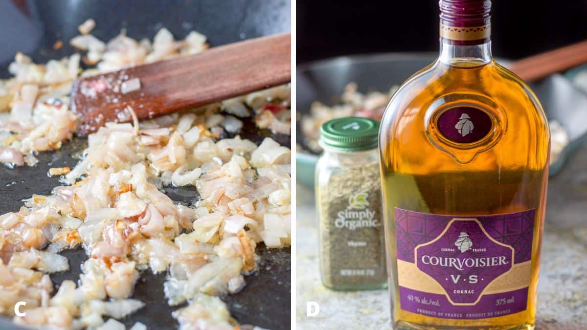 Left - sauteed shallots in a pan. Right - cognac, thyme, and the pan of cooked shallots